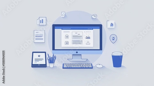 Wallpaper Mural Modern workspace with computer, tablet, keyboard, and coffee cup. Torontodigital.ca