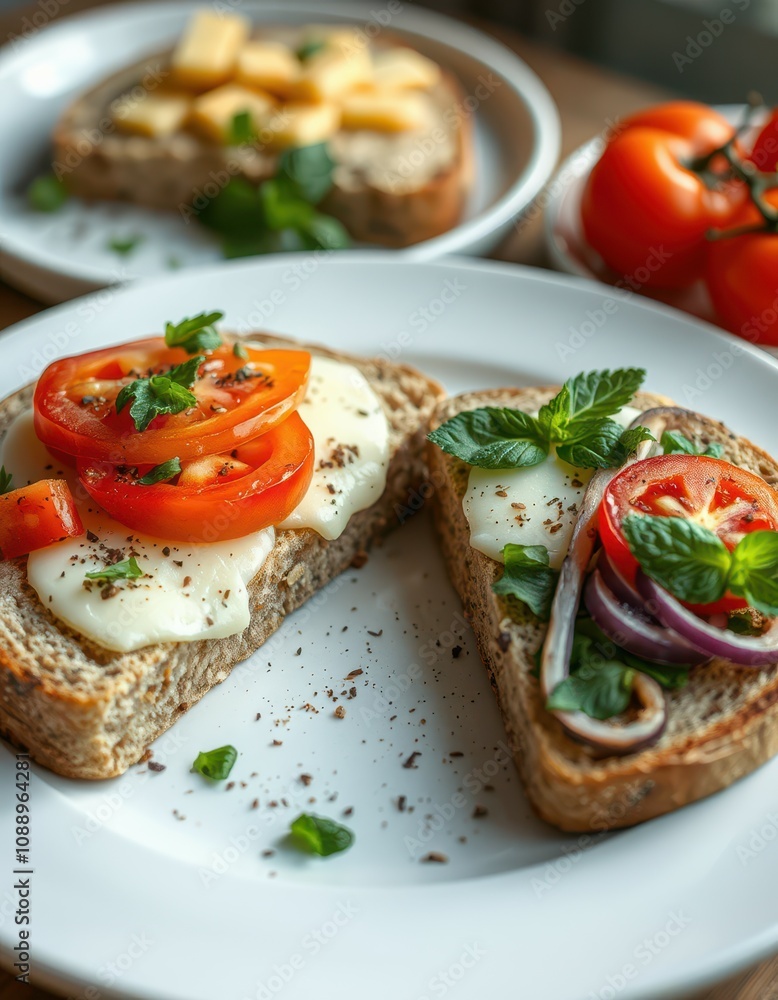 Delicious tomato and mozzarella open-faced sandwiches grace a white plate, a midday snack perfect for a summer day Delicious tomato and mozzarella open-faced sandwiches grace a white plate, a midday snack perfect for a summer day