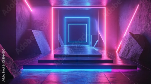 Neon light tunnel with pink and blue glowing lines, geometric shapes, and stairs.