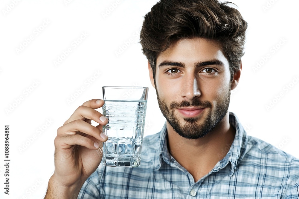 Hydration and Health: A young man with a charming smile holds a glass of water, capturing the essence of healthy living and well-being. Hydration and Health: A young man with a charming smile holds a glass of water, capturing the essence of healthy living and well-being.