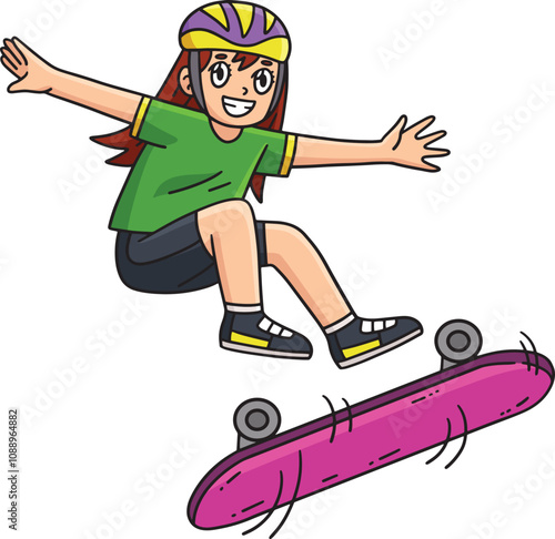 Skateboard Girl Doing a Flip Trick Cartoon Clipart