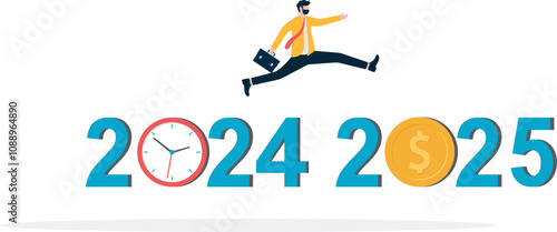 Vision 2025 for Business. New opportunities to business goals. Businessman walking from 2024 to 2025. Illustration

