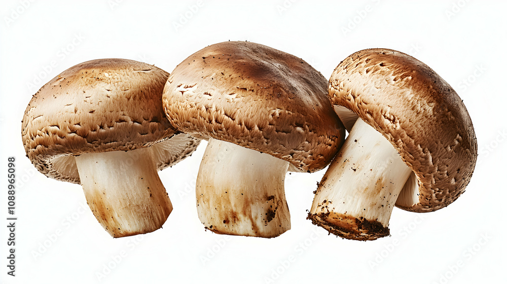 Three Whole Brown Mushrooms Arranged in a Row Against a White Background Three Whole Brown Mushrooms Arranged in a Row Against a White Background
