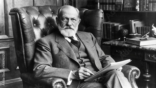 A 20th-century image of Sigmund Freud, seated in a leather armchair, holding a notepad in a study filled with antique furniture