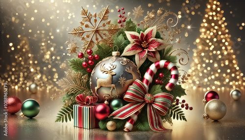 Christmas card decorated with candy canes, bows, ribbons, reindeer balls, snowflakes, and gift boxes in front of a pine tree decorated with yellow lights