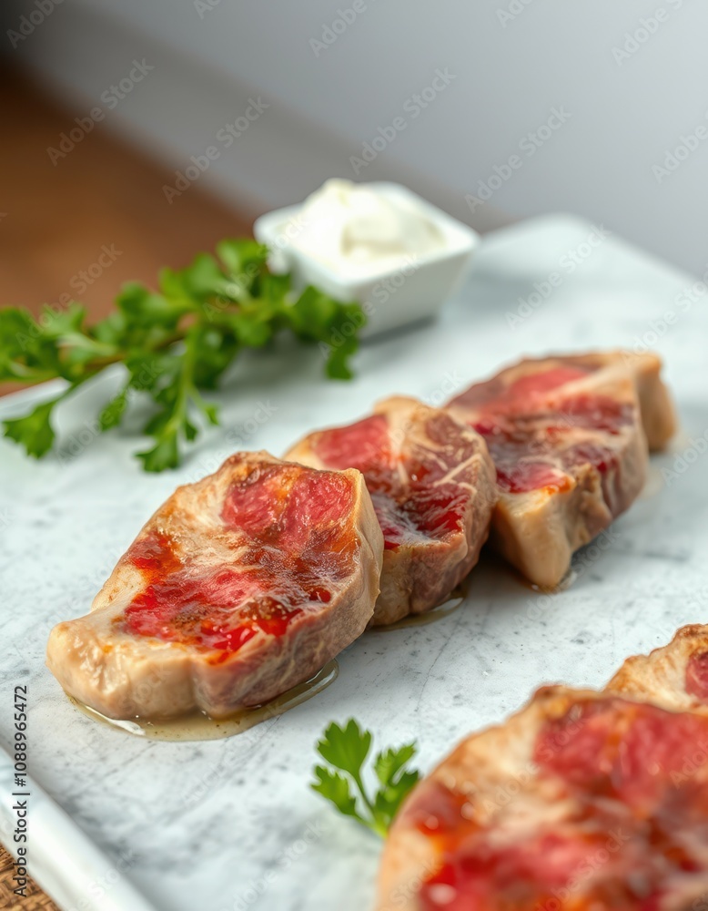 Grilled beef slices rest on a marble platter with fresh parsley and a small bowl of sauce Grilled beef slices rest on a marble platter with fresh parsley and a small bowl of sauce