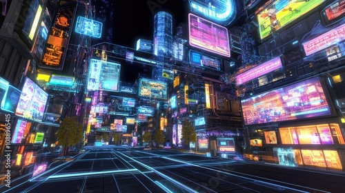 Obraz na płótnie Futuristic City Street at Night with Holographic Billboards and Neon Lights w salonie