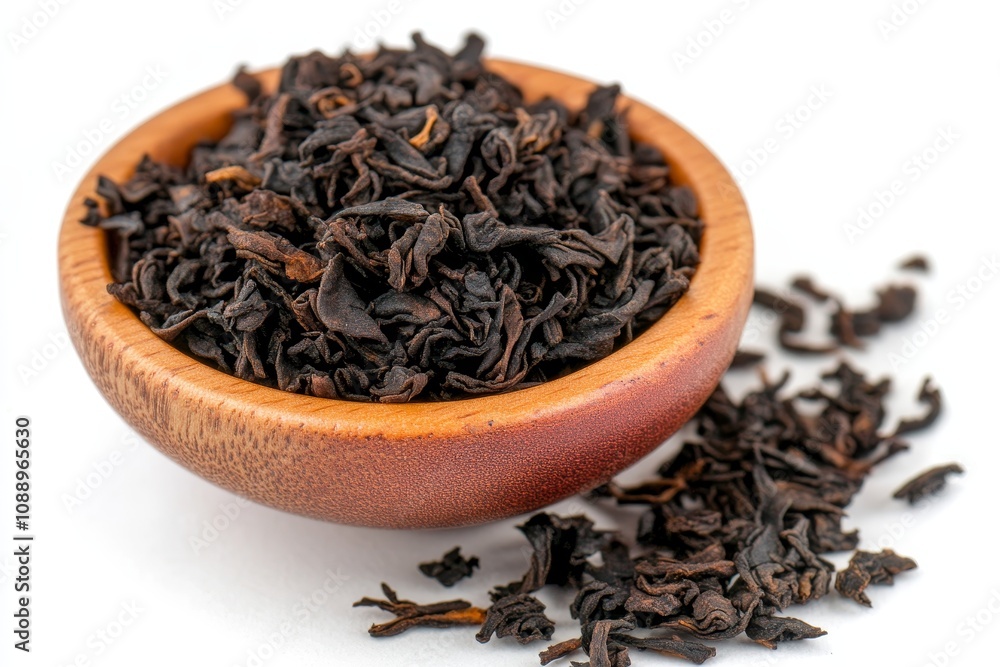 High-quality loose black tea leaves in a wooden bowl on a white background High-quality loose black tea leaves in a wooden bowl on a white background