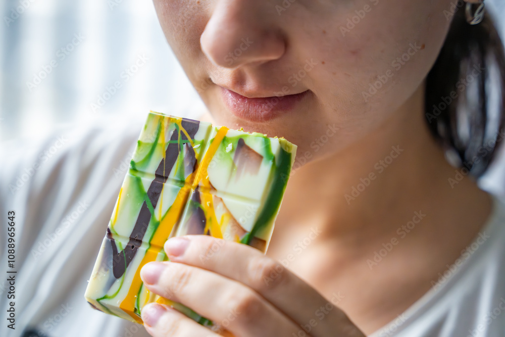 Woman eating trend Dubai white chocolate with pistachio paste and kataifi dough. Confectionery handmade sweets at home in the kitchen. Woman eating trend Dubai white chocolate with pistachio paste and kataifi dough. Confectionery handmade sweets at home in the kitchen.