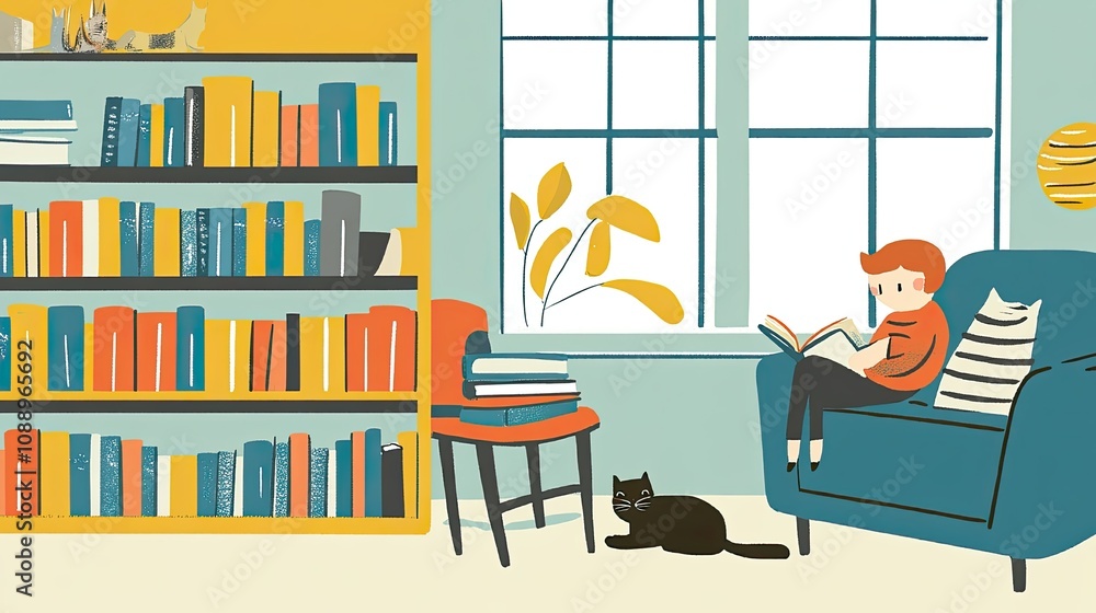 Boy Reading Book Cozy Home Scene With Cats And Bookshelves Boy Reading Book Cozy Home Scene With Cats And Bookshelves