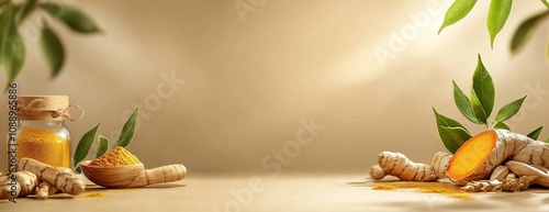 Turmeric and ginger with green leaves on textured background.