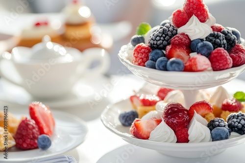 Delightful dessert tower featuring fresh berries and cream at a sunny brunch gathering