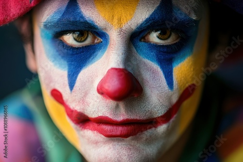 Close-up of Colorful Clown Face with Bold Makeup photo