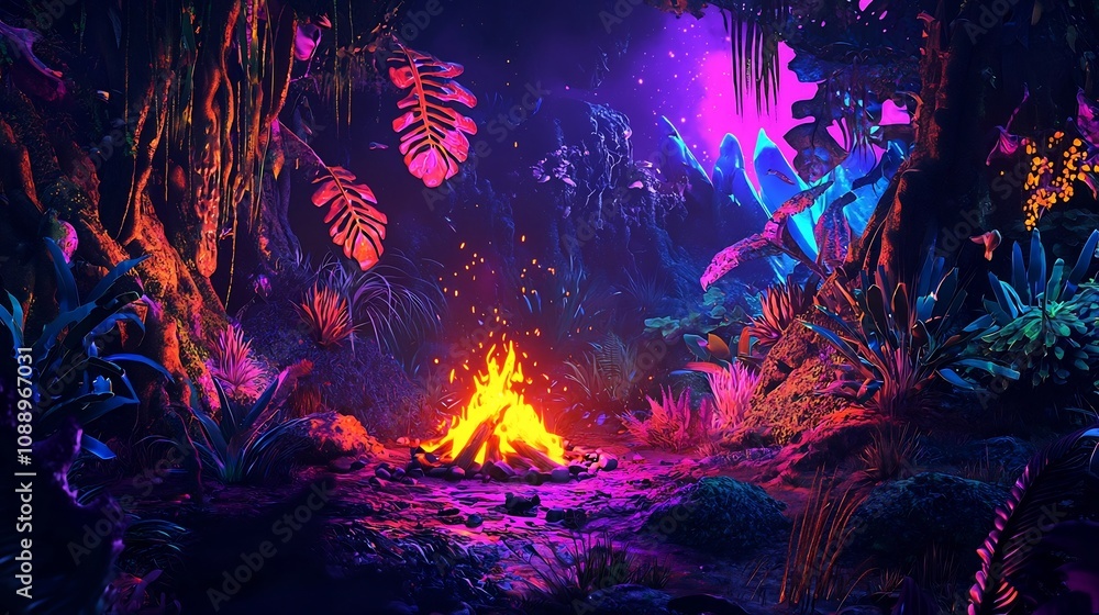 Fototapeta premium Mesmerizing Alien Campfire in a Vibrant Neon Forest with Otherworldly Plants and Creatures