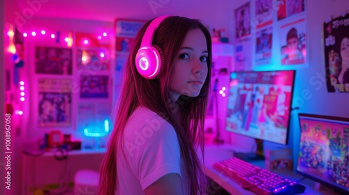 In a vibrant gaming room illuminated with neon lights, a young girl wearing pink glowing headphones looks thoughtfully at the camera. Her focus contrasts with the colorful setup around her.