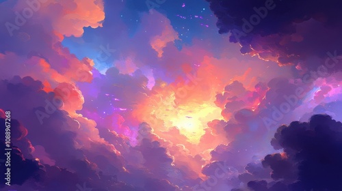 Fototapeta Naklejka Na Ścianę i Meble -  Vibrant sunset sky with colorful clouds and glowing light.