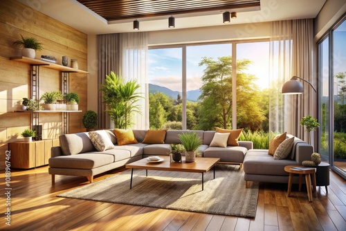 Bright Sunlit Living Room with Modern Air Conditioning and Scenic Views of Nature, Perfect for Relaxation and Cozy Gatherings