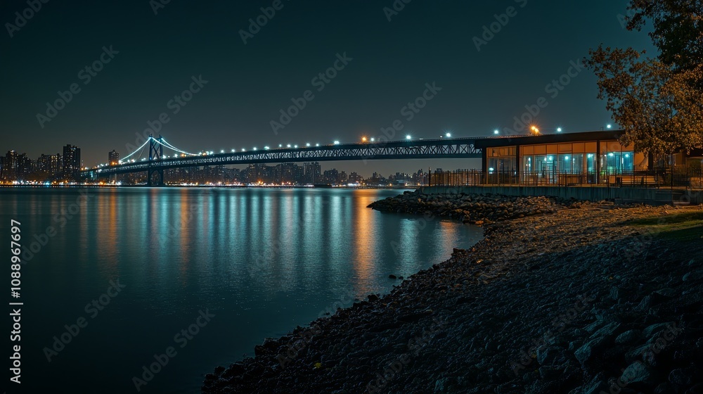 Night cityscape with bridge, water, and shoreline. Night cityscape with bridge, water, and shoreline.