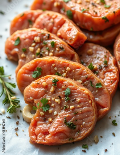 Seasoned pork medallions ready for grilling await their culinary fate photo