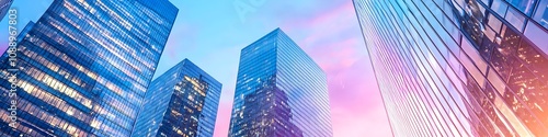 A vibrant cityscape of California at dusk, showcasing the iconic landmark with high-rise buildings . The sky is painted with hues of blue and purple as the sun sets behind them, casting long shadows photo