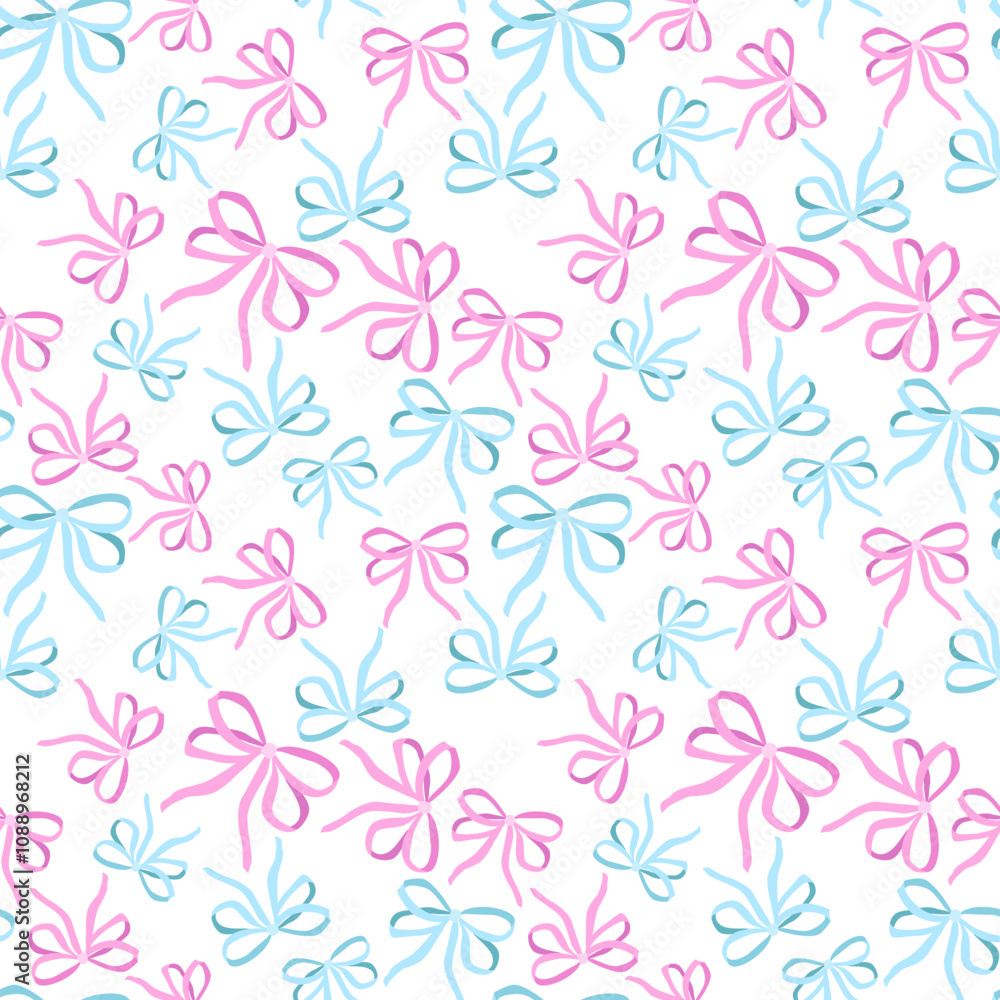 Seamless pattern with various pink and blue cartoon gift bows. Fashionable accessory for hair braiding. Hand drawn illustration. Cotton fabric pattern for sewing, patchwork, printed fabric, textile Seamless pattern with various pink and blue cartoon gift bows. Fashionable accessory for hair braiding. Hand drawn illustration. Cotton fabric pattern for sewing, patchwork, printed fabric, textile