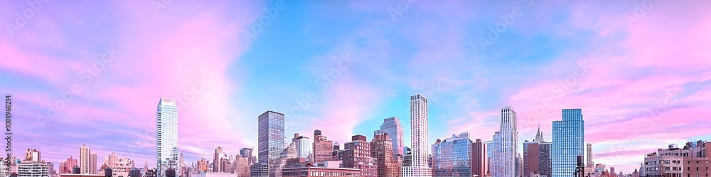Fototapeta premium A vibrant cityscape of New York at dusk, showcasing the iconic landmark with high-rise buildings . The sky is painted with hues of blue and purple as the sun sets behind them, casting long shadows on