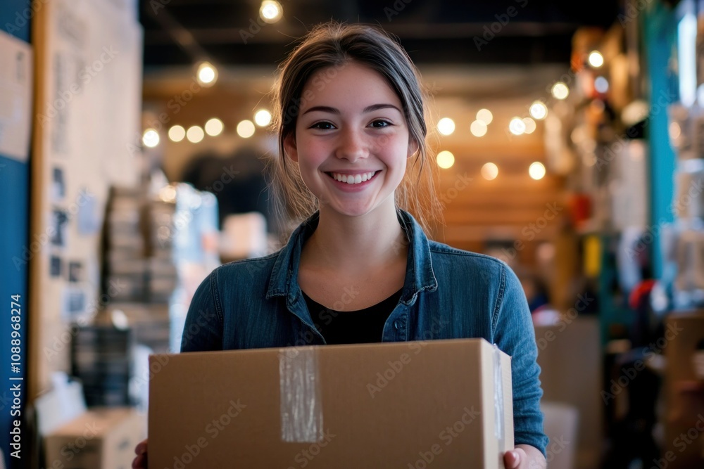 Smiling Young Woman Holding Box in Bright Workspace Smiling Young Woman Holding Box in Bright Workspace