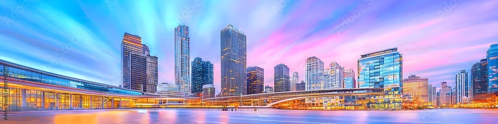 Naklejka premium A vibrant cityscape of New York at dusk, showcasing the iconic landmark with high-rise buildings . The sky is painted with hues of blue and purple as the sun sets behind them, casting long shadows on