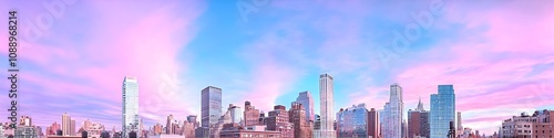 A vibrant cityscape of New York at dusk, showcasing the iconic landmark with high-rise buildings . The sky is painted with hues of blue and purple as the sun sets behind them, casting long shadows on