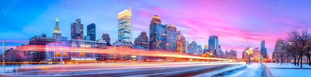 A vibrant cityscape of New York at dusk, showcasing the iconic landmark with high-rise buildings . The sky is painted with hues of blue and purple as the sun sets behind them, casting long shadows on A vibrant cityscape of New York at dusk, showcasing the iconic landmark with high-rise buildings . The sky is painted with hues of blue and purple as the sun sets behind them, casting long shadows on