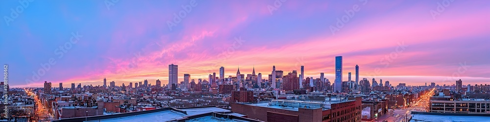 Obraz premium A vibrant cityscape of New York at dusk, showcasing the iconic landmark with high-rise buildings . The sky is painted with hues of blue and purple as the sun sets behind them, casting long shadows on