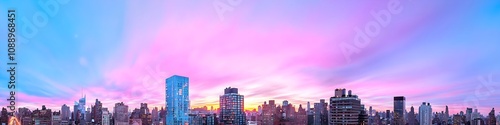 A vibrant cityscape of New York at dusk, showcasing the iconic landmark with high-rise buildings . The sky is painted with hues of blue and purple as the sun sets behind them, casting long shadows on