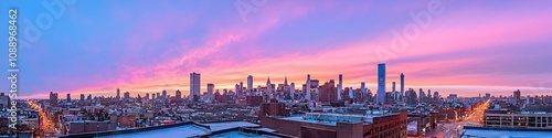 Wallpaper Mural A vibrant cityscape of New York at dusk, showcasing the iconic landmark with high-rise buildings . The sky is painted with hues of blue and purple as the sun sets behind them, casting long shadows on Torontodigital.ca