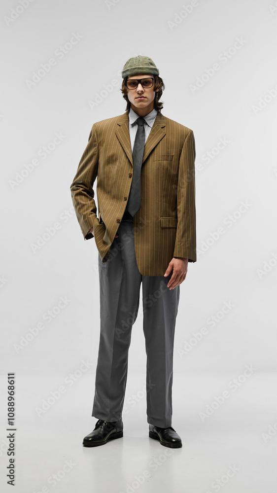 Full-length studio portrait of young man in striped brown blazer, gray trousers, and green cap. Blend of classic suit with bold streetwear accessories. Fashion, youth culture, urban style, ad concept Full-length studio portrait of young man in striped brown blazer, gray trousers, and green cap. Blend of classic suit with bold streetwear accessories. Fashion, youth culture, urban style, ad concept