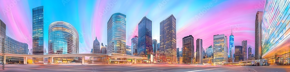 A vibrant cityscape of New York at dusk, showcasing the iconic landmark with high-rise buildings . The sky is painted with hues of blue and purple as the sun sets behind them, casting long shadows on A vibrant cityscape of New York at dusk, showcasing the iconic landmark with high-rise buildings . The sky is painted with hues of blue and purple as the sun sets behind them, casting long shadows on