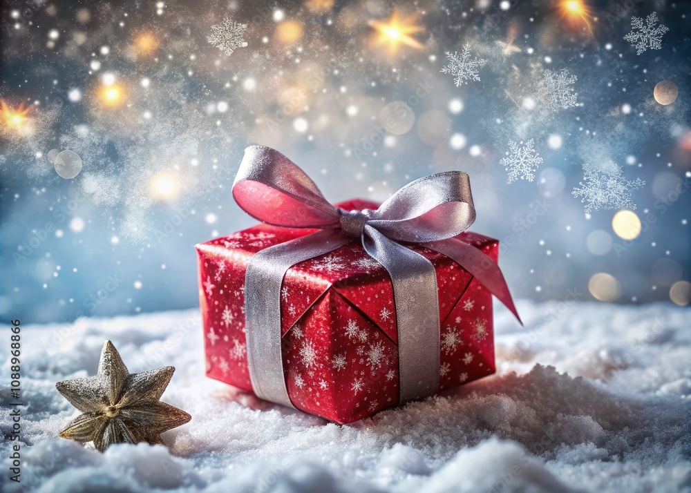 Christmas Gift Wrapped in Red Snowflake Paper with Silver Ribbon Amidst a Winter Wonderland of Snowflakes and Snowy Landscape Christmas Gift Wrapped in Red Snowflake Paper with Silver Ribbon Amidst a Winter Wonderland of Snowflakes and Snowy Landscape