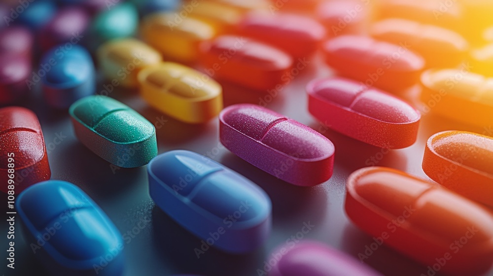 close up shows multicolored medical tablets scattered on a gradient background highlighting their details and hues for a visually appealing and professional look. close up shows multicolored medical tablets scattered on a gradient background highlighting their details and hues for a visually appealing and professional look.