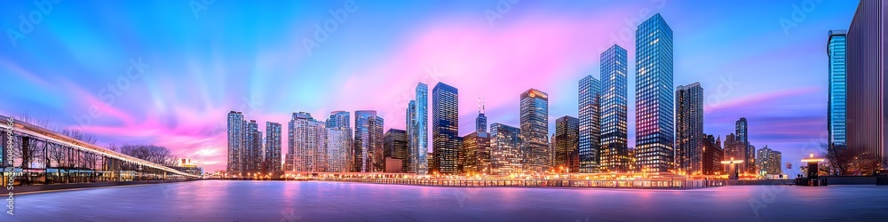 Fototapeta premium A vibrant cityscape of New York at dusk, showcasing the iconic landmark with high-rise buildings . The sky is painted with hues of blue and purple as the sun sets behind them, casting long shadows on