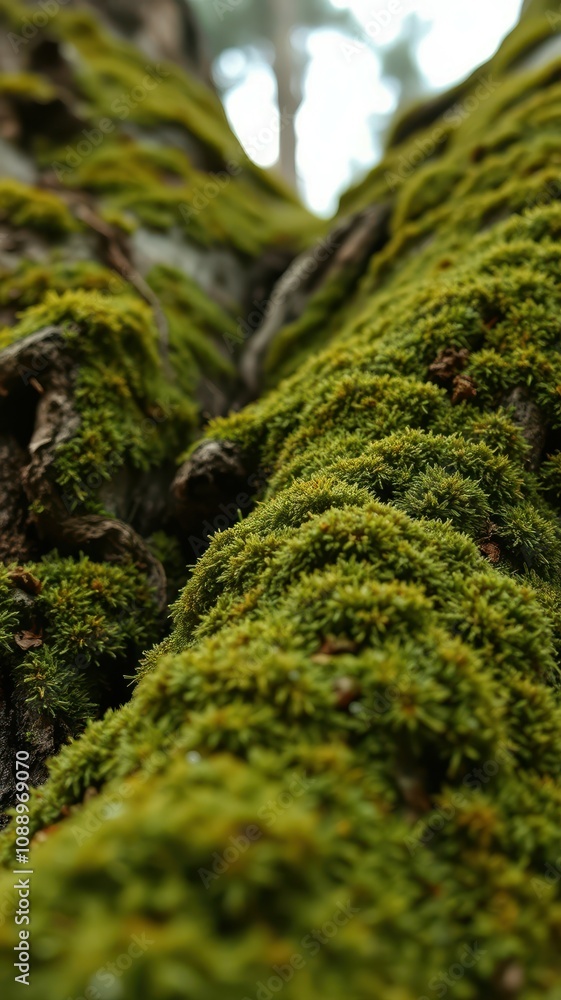 Lush green moss blankets a tree trunk in a Pacific Northwest forest during a late autumn afternoon Lush green moss blankets a tree trunk in a Pacific Northwest forest during a late autumn afternoon