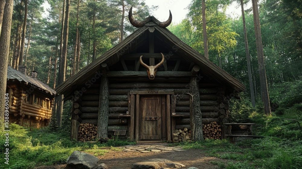 Rustic log house with animal horns above door, wild forest surroundings Rustic log house with animal horns above door, wild forest surroundings