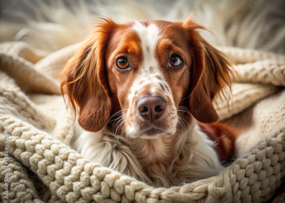 Close-Up of a Cute Setter Dog Relaxing on a Cozy Knitted Blanket – Adorable Pet Photography, Dog Lovers, Warm Textures, Candid Moments, Home Comfort, Canine Portraits Close-Up of a Cute Setter Dog Relaxing on a Cozy Knitted Blanket – Adorable Pet Photography, Dog Lovers, Warm Textures, Candid Moments, Home Comfort, Canine Portraits
