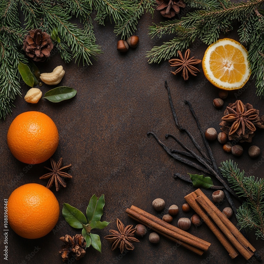 Rustic Christmas table decor with orange and cinnamon. Rustic Christmas table decor with orange and cinnamon.