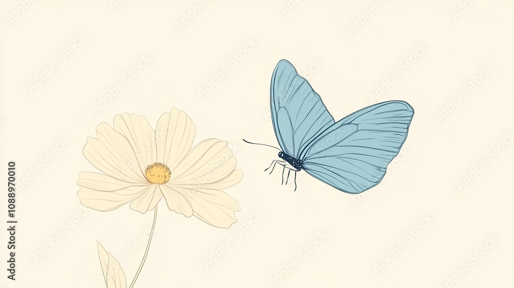 Obraz premium A minimalist depiction of a butterfly, lightly colored in soft blues and yellows, flying near a delicate, lightly outlined flower.,generative ai