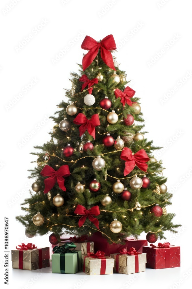Christmas tree with gifts and holly around it plant white background anticipation.