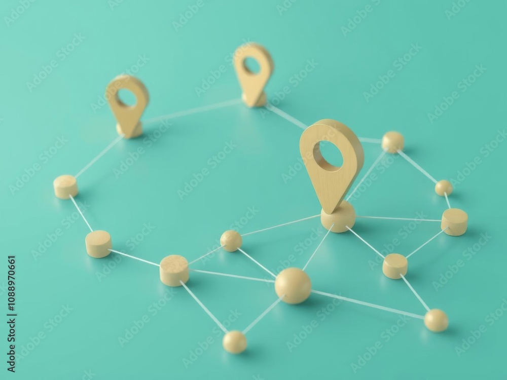 Fototapeta premium 3d render of interconnected wooden nodes with a location marker, illustrating networking and connectivity concept, concept, digital, connection