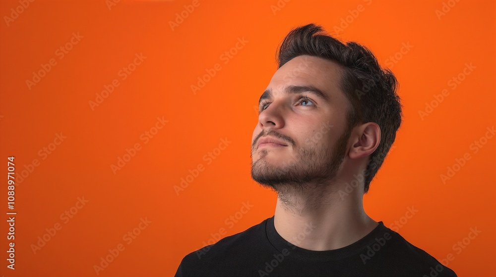 Obraz premium A man with a hopeful expression looking up on a bright orange background