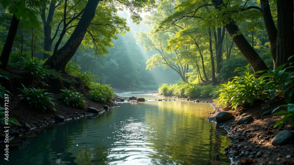 Obraz premium Tranquil river flowing through lush forest nature scene serene environment peaceful viewpoint natural beauty