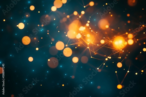 Abstract Network Connections: Digital Nodes and Lines in Dark Space. Futuristic Technology and Data Structure Concept.  Orange and Blue Glow Effects. photo