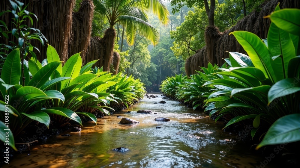 Serene stream flowing through lush tropical forest nature photography peaceful environment natural beauty tranquil concept Serene stream flowing through lush tropical forest nature photography peaceful environment natural beauty tranquil concept