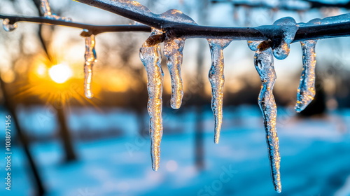 Close-up of icicles forming on a tree branch after an ice storm, capturing the cold and heavy atmosphere